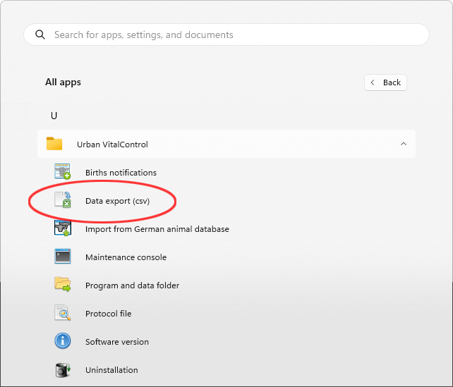 Windows Start menu, menu entry for Urban VitalControl (VCSynchronizer)