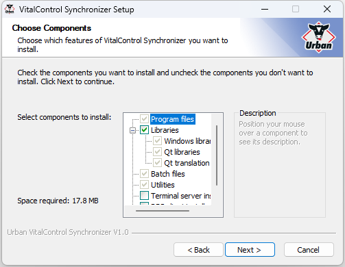 Installation VC-Synchronizer: Selection of components to be installed