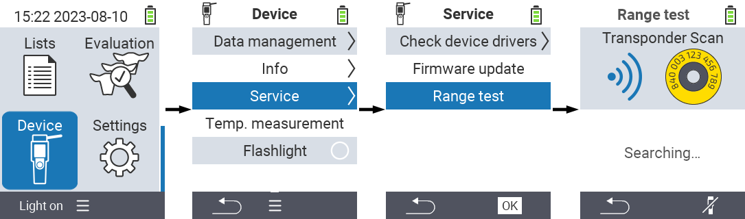 VitalControl: Menu path Range test RFID scanner