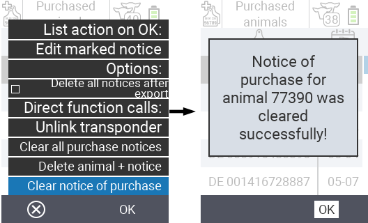 VitalControl: List of purchased animals, clear notice of purchase