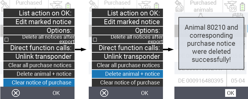 VitalControl: List of purchased animals, dele animal + notice