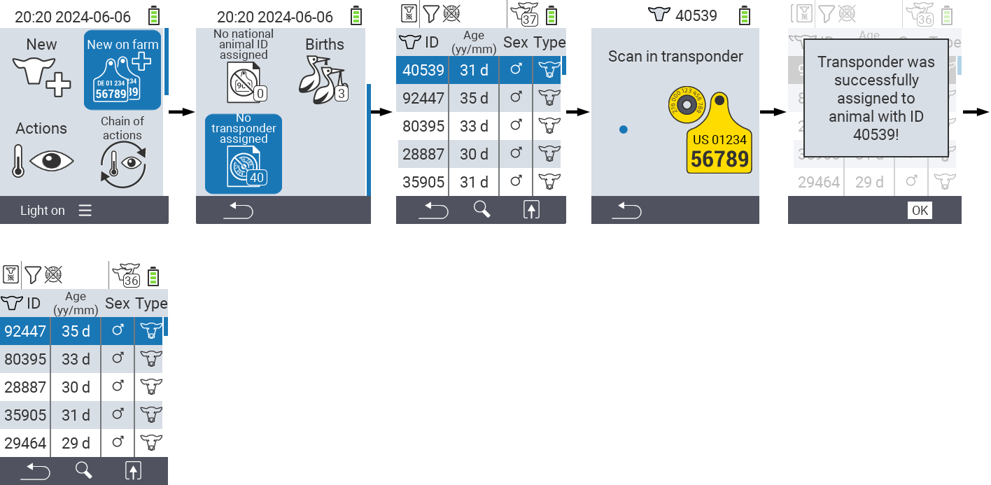 VitalControl: Menu New on farm No transponder assigned