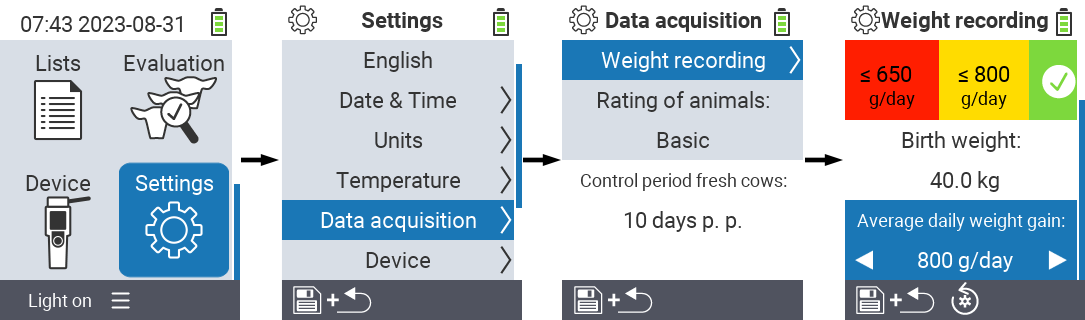 VitalControl: menu settings average daily weight gain
