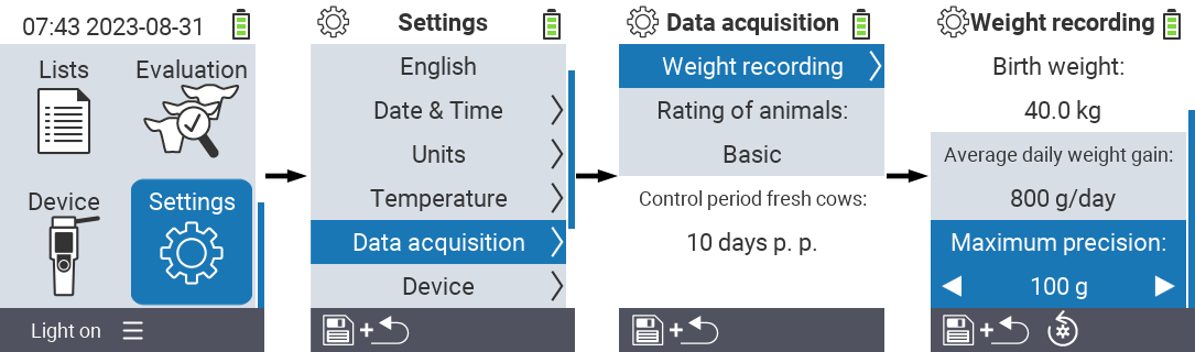 VitalControl: menu path settings maximum precision weight recording
