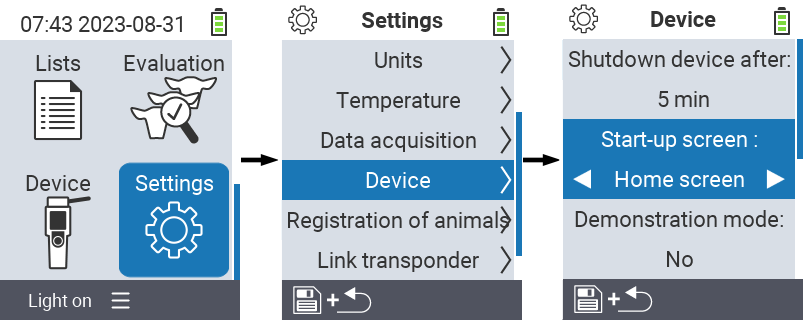 VitalControl: menu settings Start-up screen