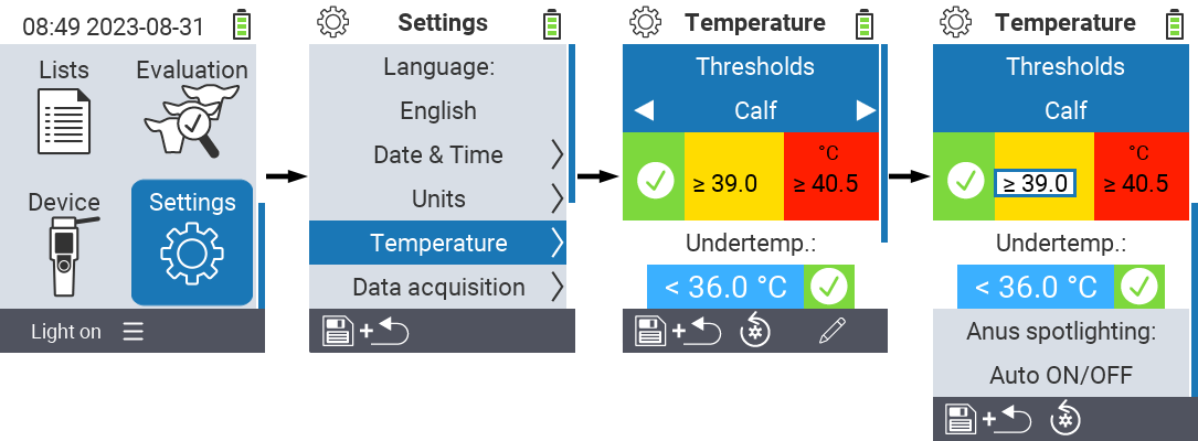 VitalControl: menu settings threshold & temperature ranges