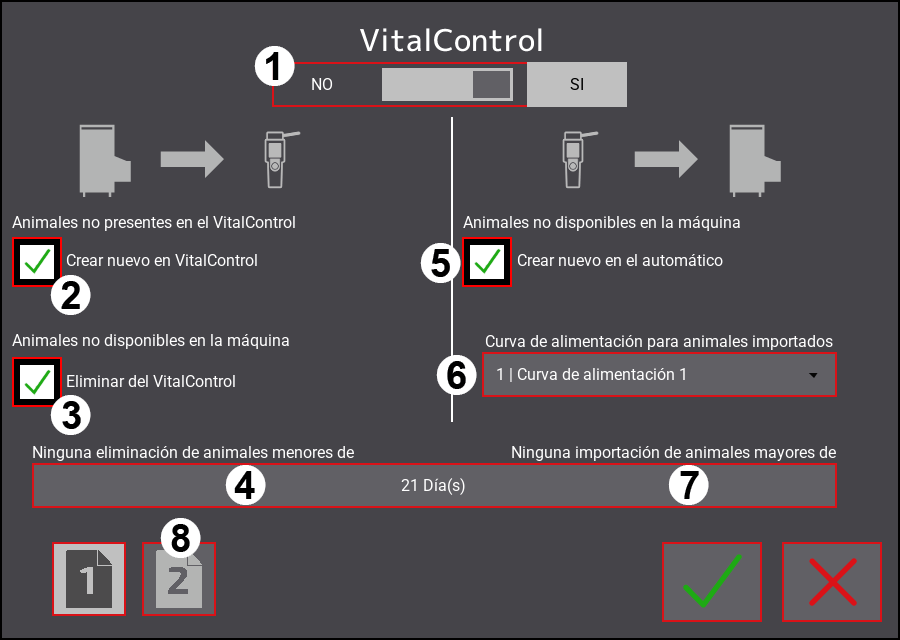 Menú de configuración de VitalControl: Página 1