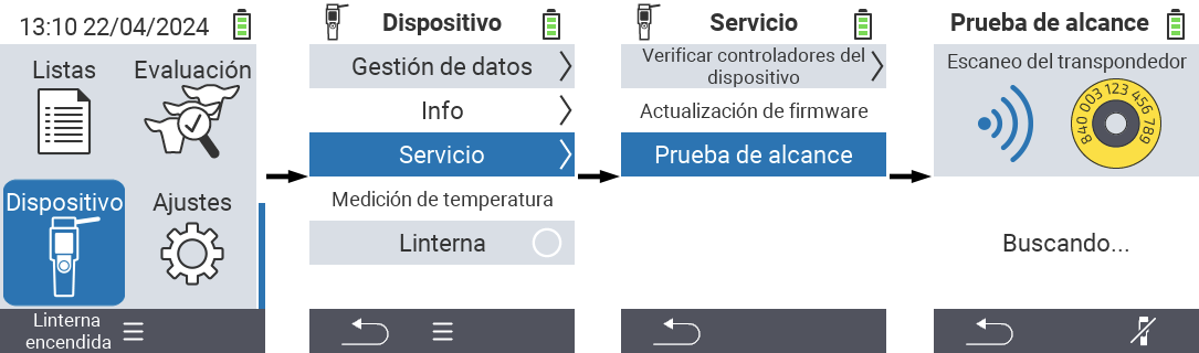 VitalControl: Camino del menú Prueba de alcance escáner RFID