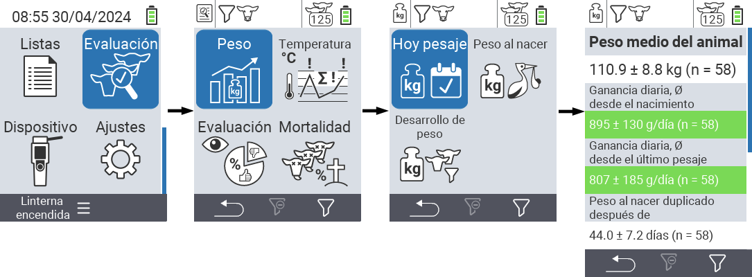 VitalControl: menú Evaluación Pesajes de hoy