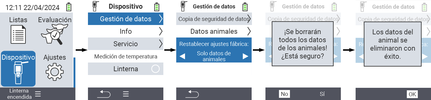 VitalControl: Ruta del menú Eliminar todos los animales del dispositivo