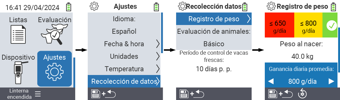 VitalControl: configuraciones del menú ganancia diaria promedio de peso