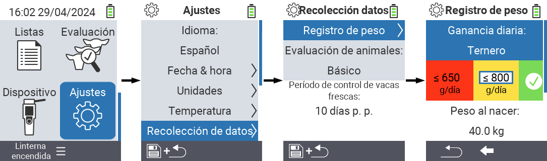 VitalControl: configuraciones del menú aumento diario de peso