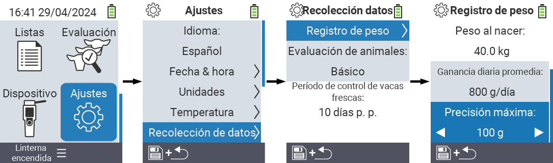 VitalControl: ruta del menú configuraciones máxima precisión registro de peso