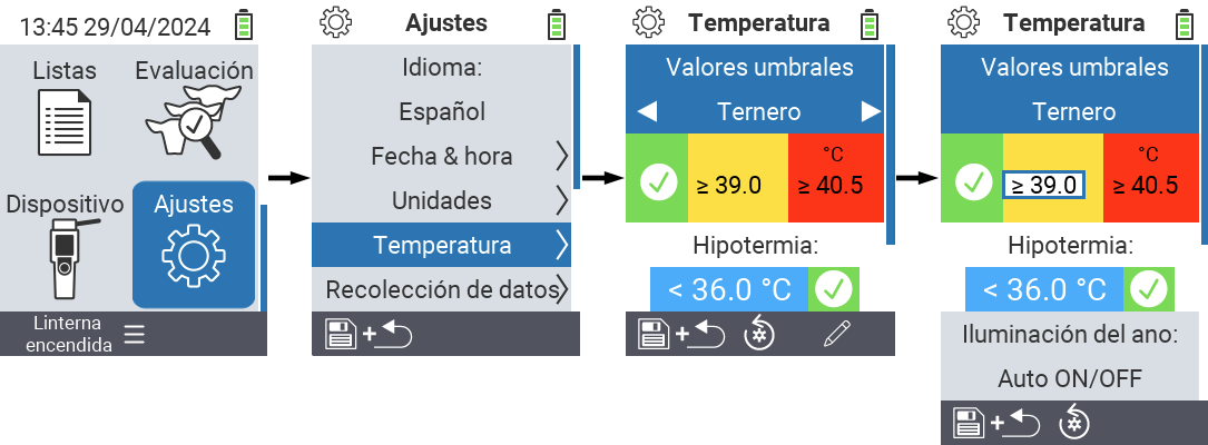 VitalControl: configuraciones de menú umbral y rangos de temperatura