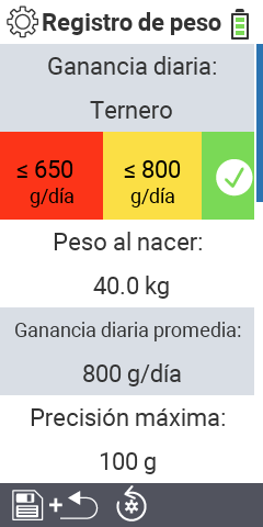 Ítems del submenú configuraciones para el registro de peso