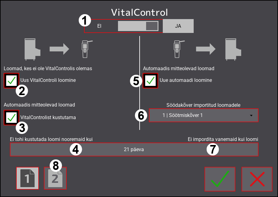 VitalControl seadete menüü: Lehekülg 1