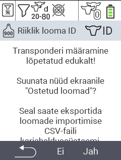 VitalControl: Menüü Uus farmis, transponder puudub