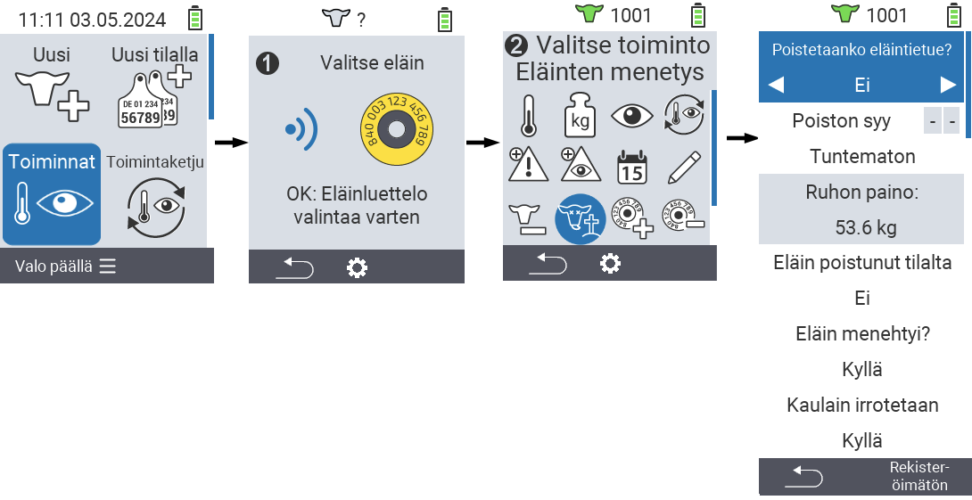 VitalControl: Valikko Toiminto Eläinten menetys