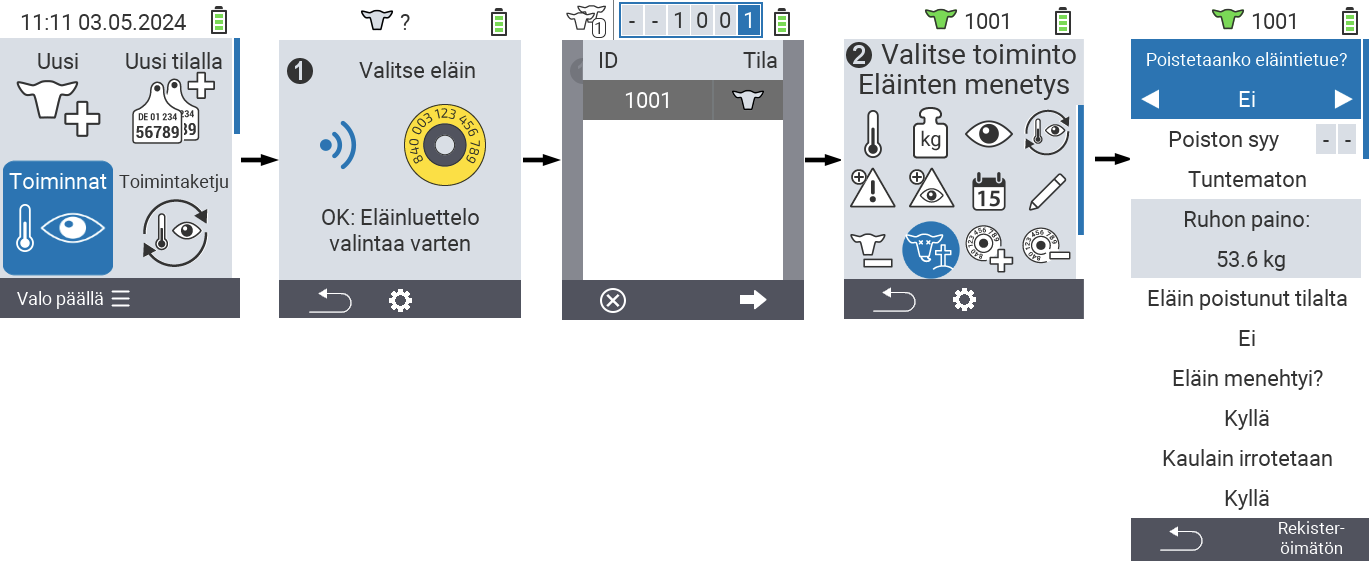 VitalControl: Valikko Toiminto Eläinten menetys