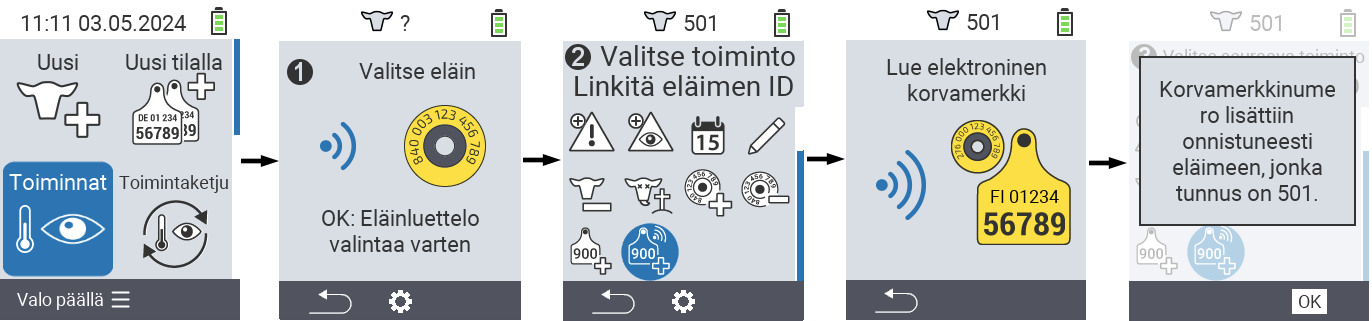 VitalControl: Valikko Toiminto Linkitä eläimen ID
