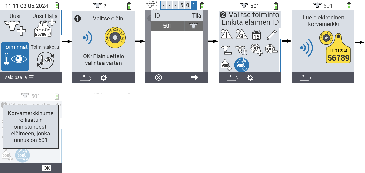 VitalControl: Valikko Toiminto Linkitä eläimen ID