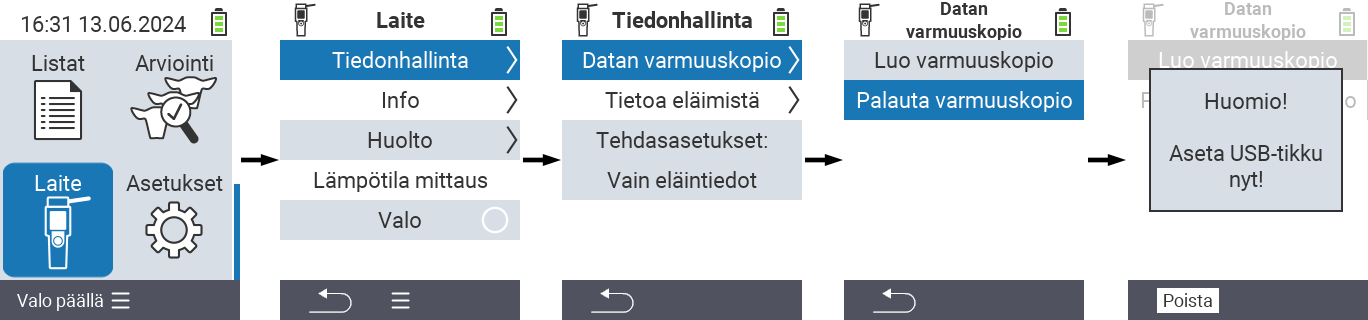 VitalControl: valikkopolku tietojen palautukseen