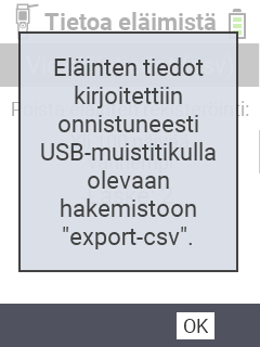 VitalControl: onnistumisilmoitus tietojen viennistä