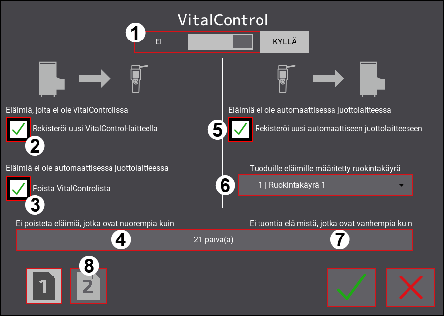 VitalControl-asetusvalikko: Sivu 1