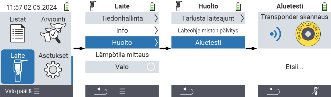 VitalControl: Valikkopolku Aluetesti RFID-skannerille