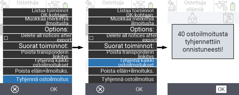 VitalControl: Lista ostetuista eläimistä, tyhjennä ostohuomautukset