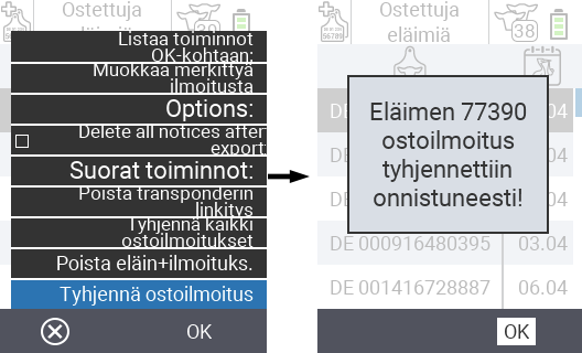 VitalControl: Lista ostetuista eläimistä, tyhjennä ostohuomautus