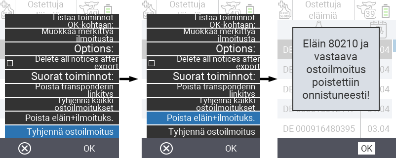 VitalControl: Lista ostetuista eläimistä, poista eläin + huomautus