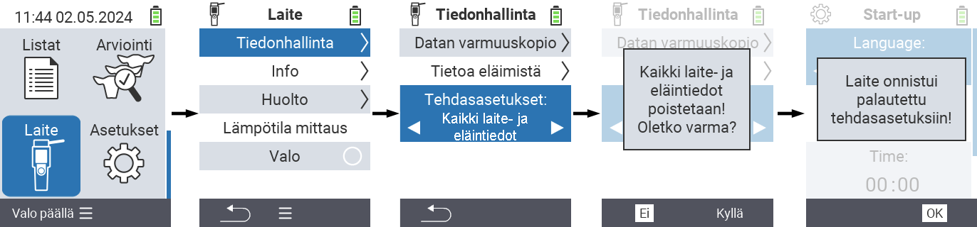 VitalControl: Valikkopolku tehdasasetusten palautukseen