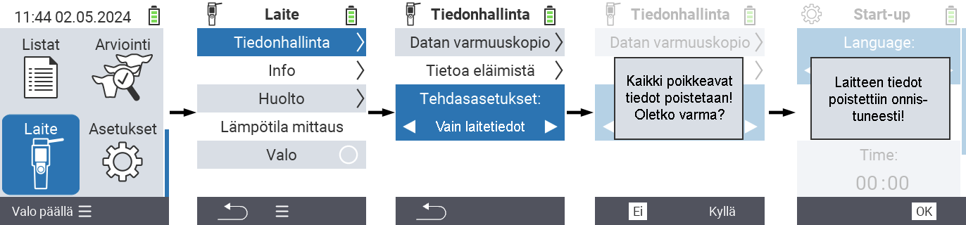 VitalControl: Valikkopolku Kaikkien laitteen tietojen nollaus