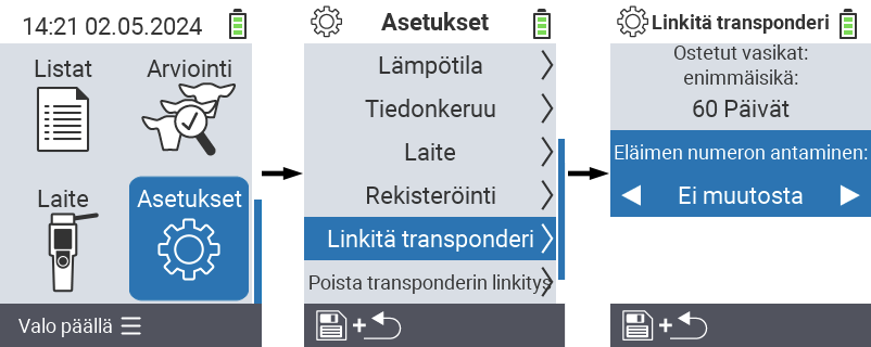 VitalControl: valikkosäädöt linkki transponderiin