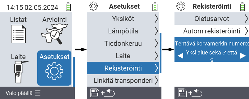 VitalControl: valikkoasetukset Korvamerkin numero