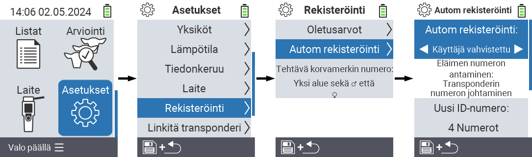 VitalControl: valikkoasetukset Autom rekisteröinti