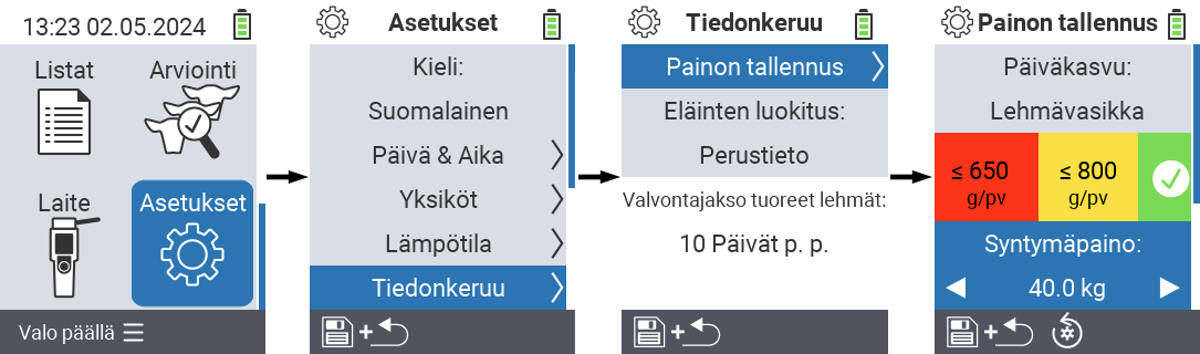 VitalControl: valikkoasetukset syntymäpaino