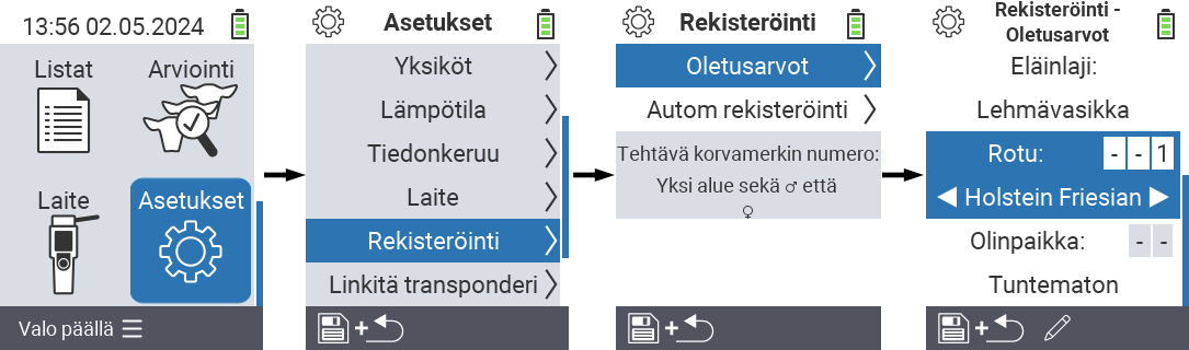 VitalControl: valikkoasetukset eläimen tyyppi
