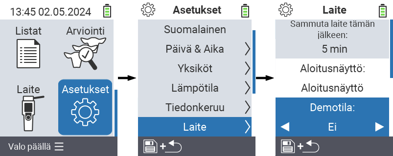 VitalControl: valikkoasetukset Demotila