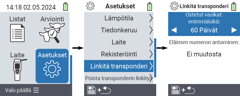 VitalControl: valikkoasetukset Linkitä transponderi