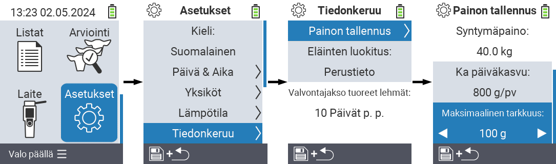 VitalControl: valikkopolku asetukset maksimaalinen tarkkuus painon tallennus