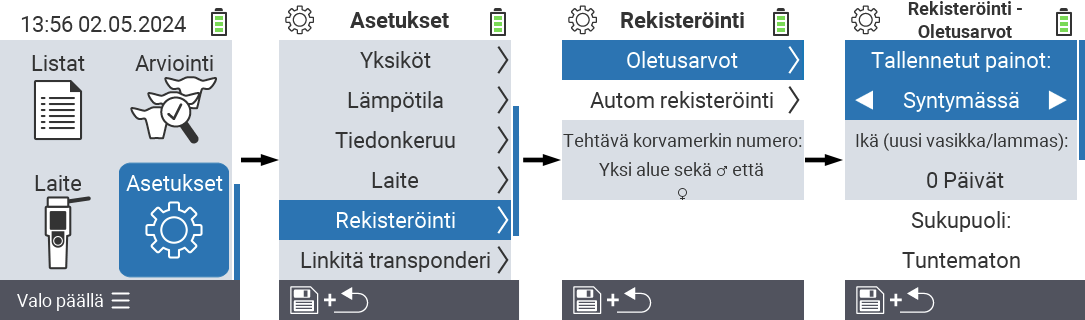 VitalControl: valikkoasetukset Aseta tallennettu paino