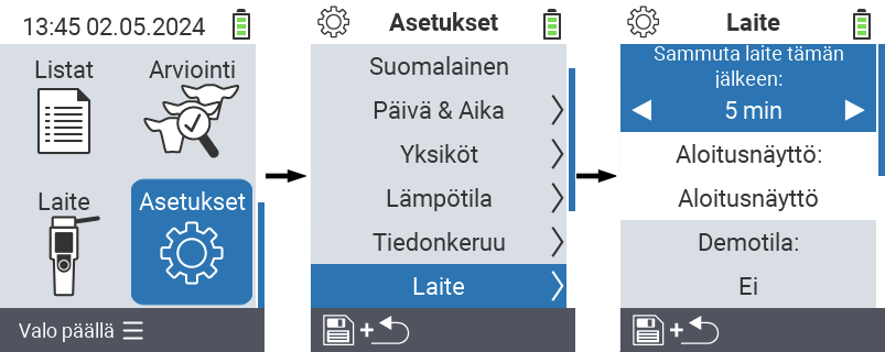 VitalControl: valikkoasetukset Sammuta laite tämän jälkeen