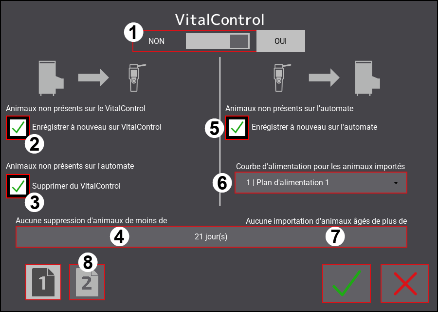 Menu des paramètres VitalControl : Page 1