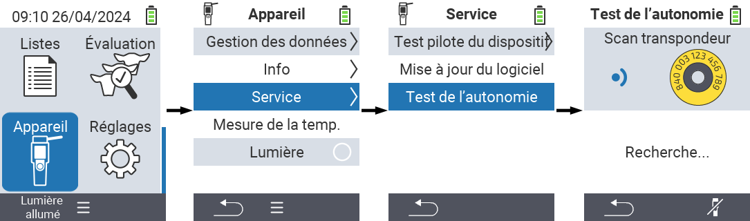 VitalControl : Chemin du menu Test de portée du scanner RFID