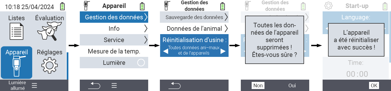 VitalControl : Chemin du menu Réinitialiser aux paramètres par défaut d’usine