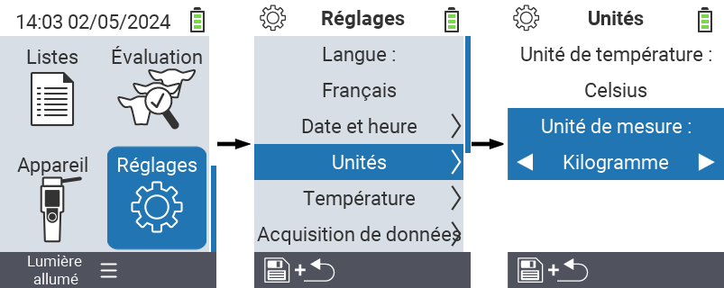 VitalControl : réglages du menu unité de masse