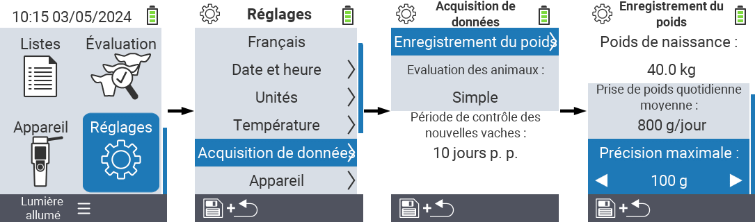VitalControl : chemin du menu paramètres précision maximale enregistrement du poids