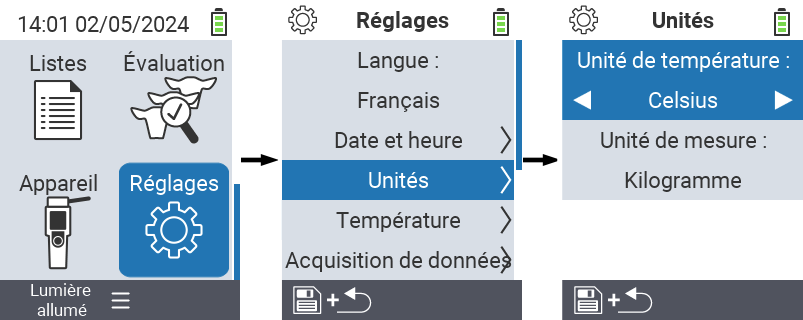VitalControl : réglages du menu unité de température